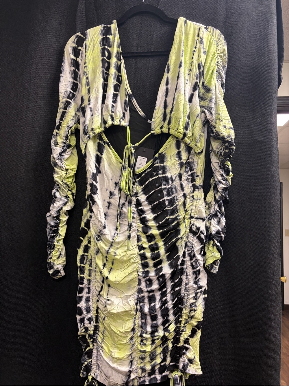 Fashion Nova Lime Black White Tie-Dye Ruched Long Sleeve Mini Dress